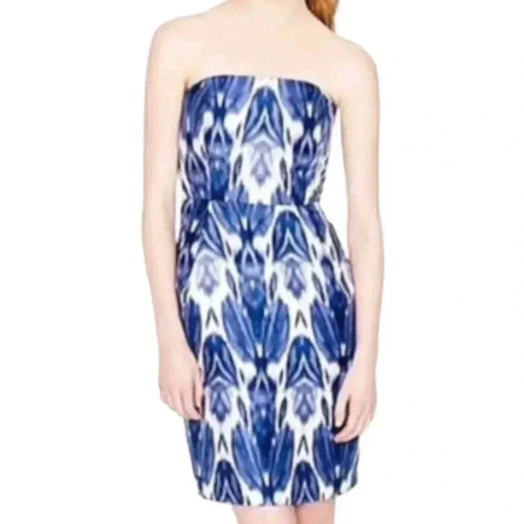 J. Crew Silk Blue & White Ikat Strapless Dress - Picture 1 of 9